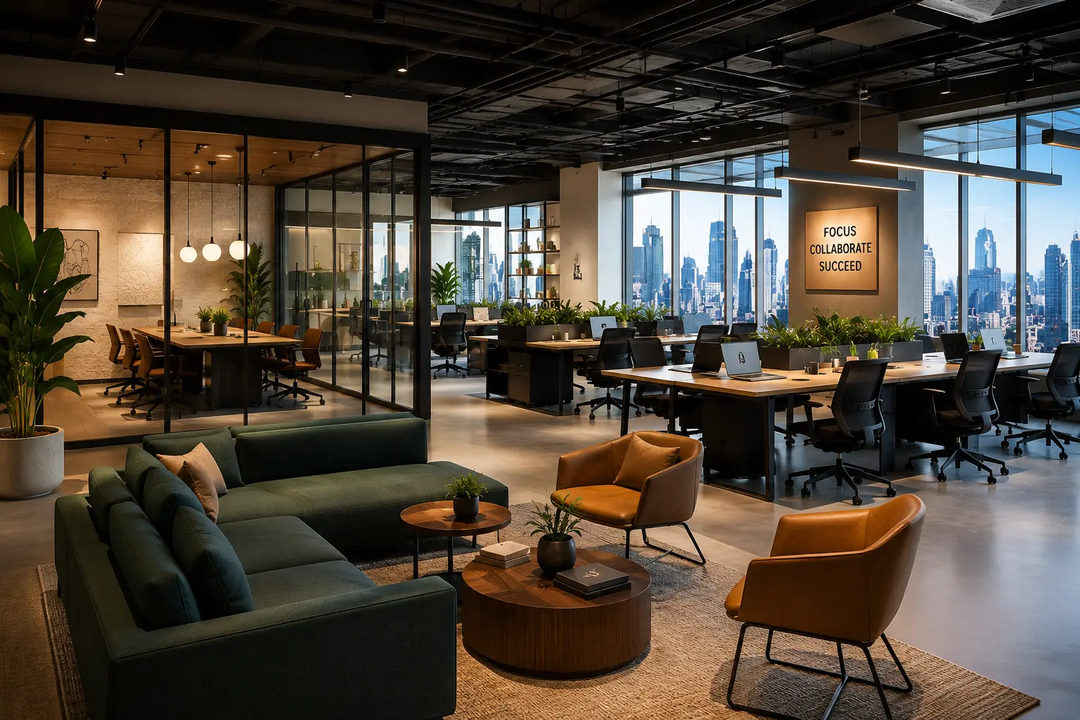 AlleyWork lounge and desk area with city skyline view