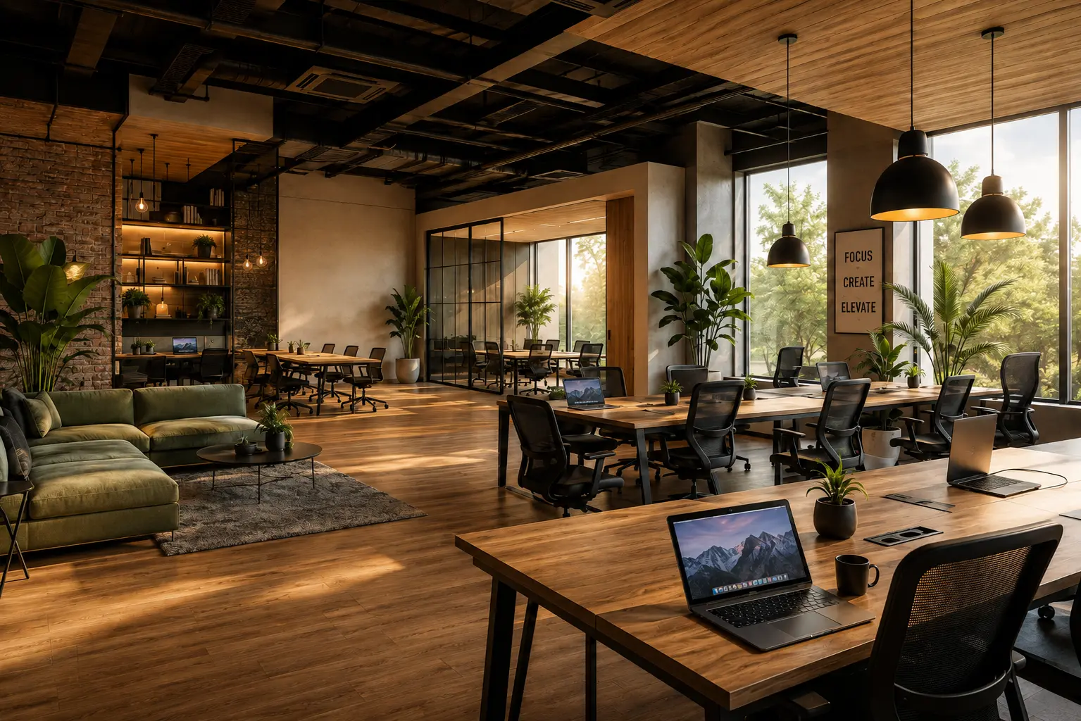AlleyWork branded wall with cozy wood ceiling workspace