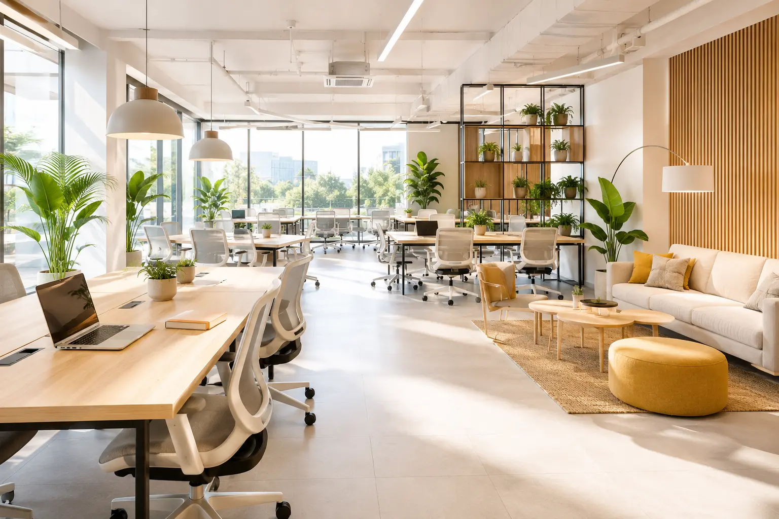 Bright airy AlleyWork coworking space with yellow accents