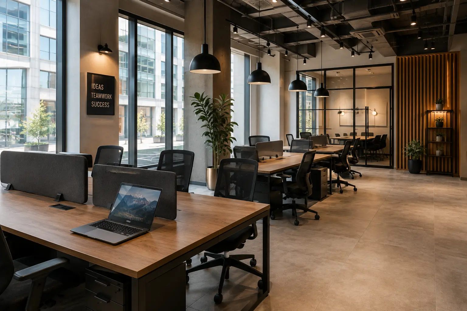 AlleyWork sleek desks with private cabins and meeting room